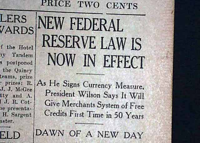 federal reserve newspaper historic announcment 1913